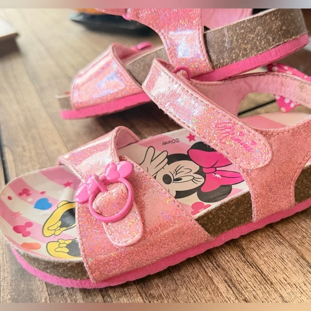 Disney Minnie Mouse glitter sandals for girls featuring a pink polka dot bow 10